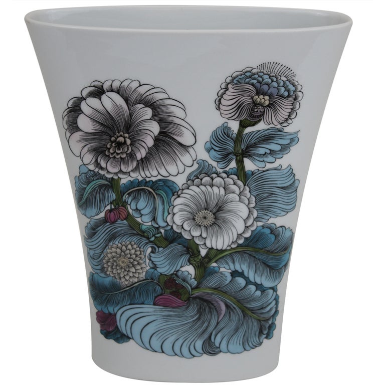 Large white vase with floral design by Alain Le Foll for Rosenthal at