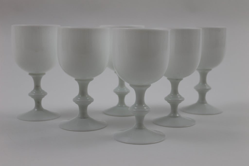 Set of 6 Portieux Vallerysthal P.V. France wine glasses in hand blown white milk glass. These have no seams and vary slightly in size because they are individually hand blown. There are more available that are sold individually; contact us for