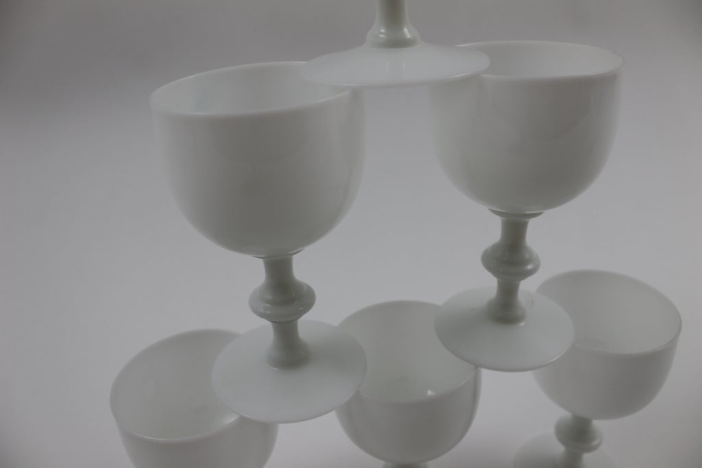 Set of 6 Portieux Vallerysthal P.V. France water goblets in hand blown white milk glass. These have no seams and vary slightly in size because they are individually hand blown.  There are more available that are sold individually; contact us for