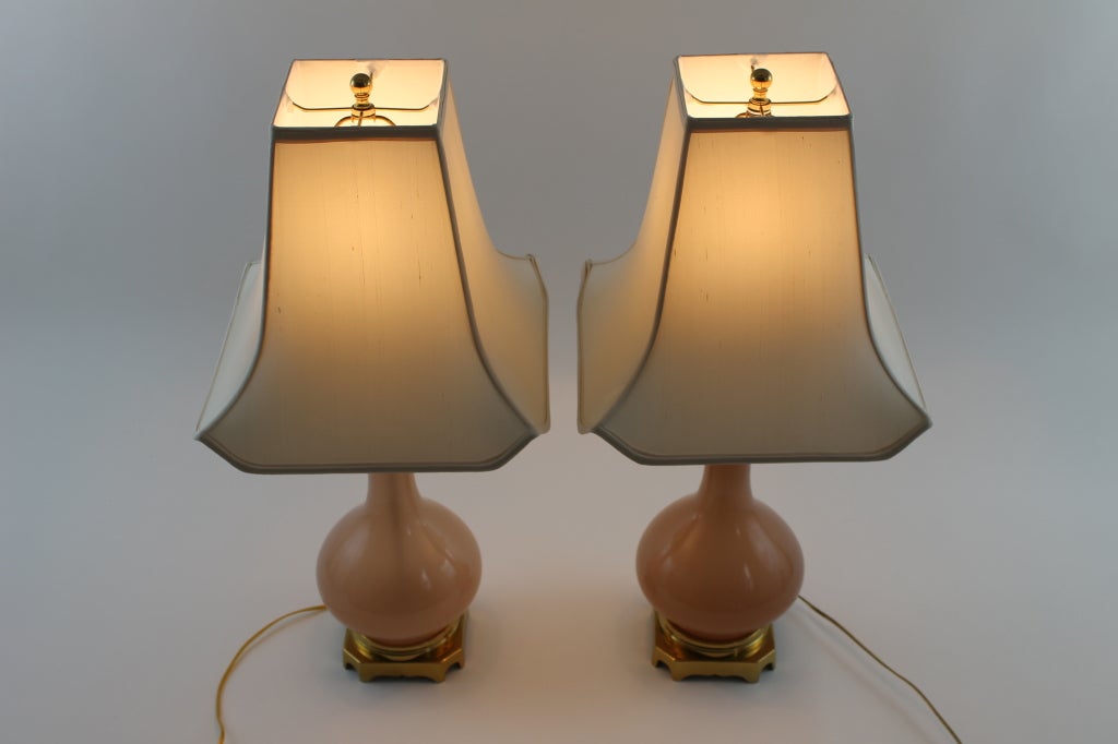 Fabulous pair of  W. Virgina glass and brass lamps with silk chinoiserie shades. These lamps are from the Greenbrier Resort in W. Virginia designed by Dorothy Draper.