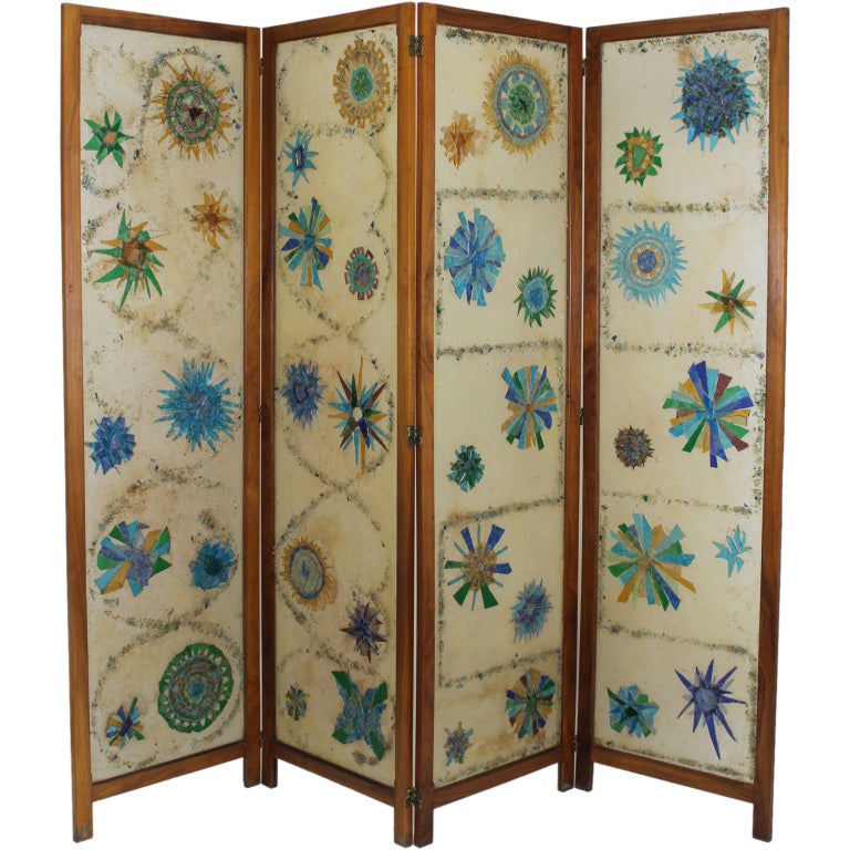 Teak Resin And Glass Screen Room Divider For Sale