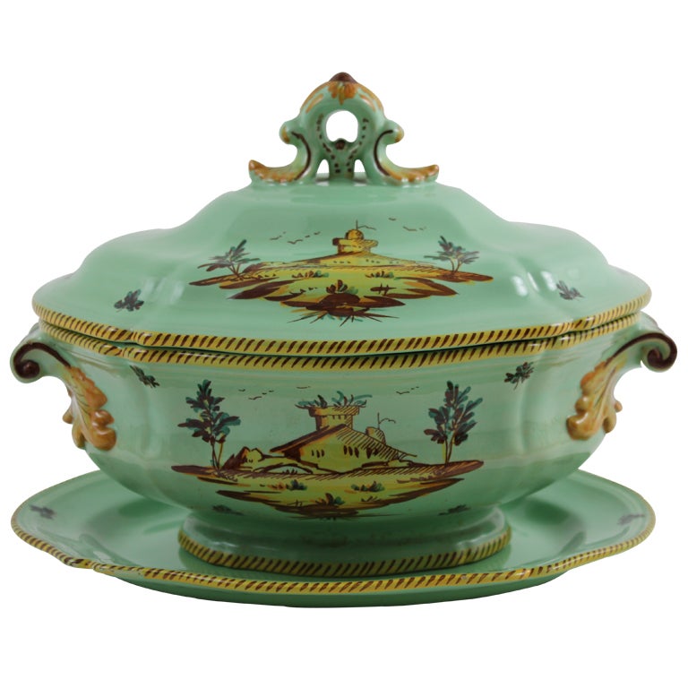 Italian Hand Painted Covered Tureen with Under Plate by Imola For Sale
