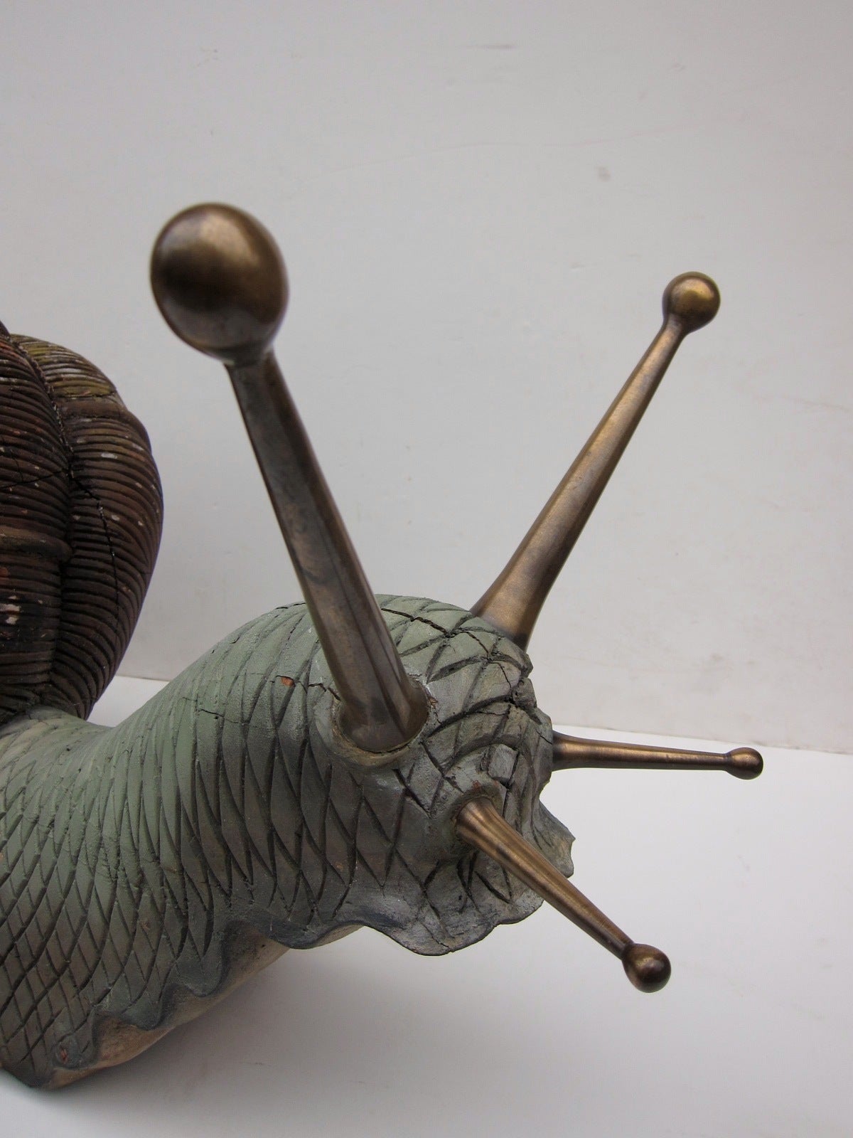 American Giant Hand-Carved Wood and Brass Snail Sculpture