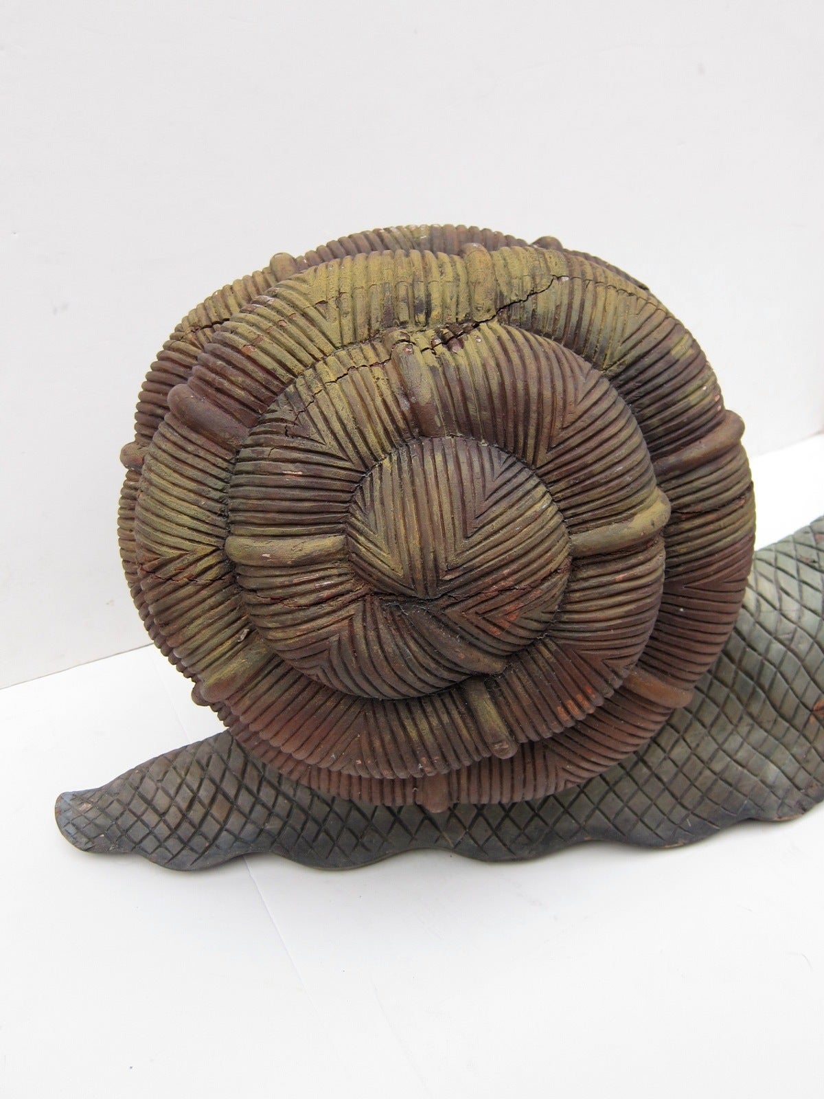 20th Century Giant Hand-Carved Wood and Brass Snail Sculpture