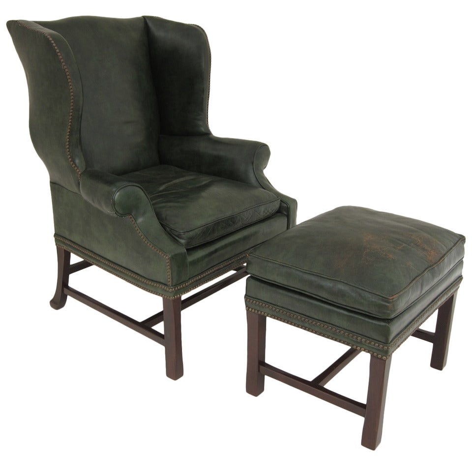 English Leather Wingback Armchair and Ottoman