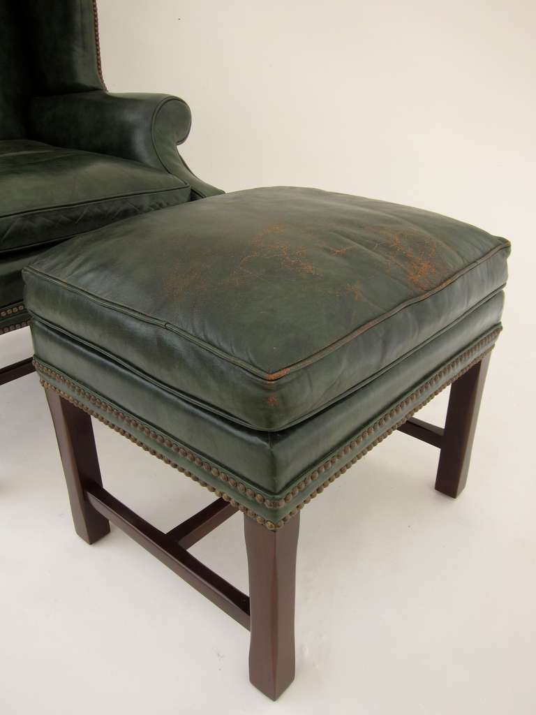 20th Century English Leather Wingback Armchair and Ottoman