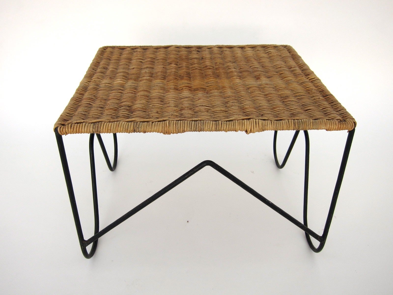 Mid Century Wrought Iron and Wicker Small Table or Footstool