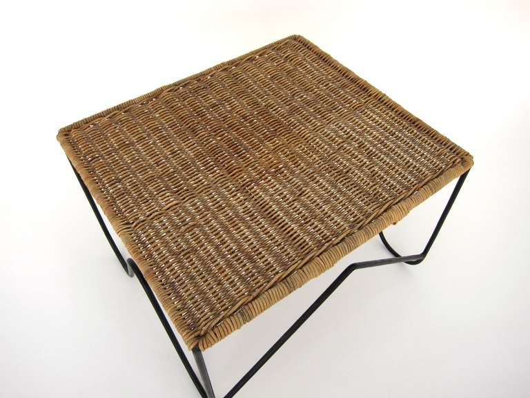 Mid Century Wrought Iron and Wicker Small Table or Footstool In Good Condition In Palos Verdes Estates, CA
