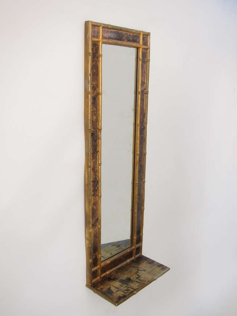 Gold Gilt Faux Bamboo Wall Mirror With Shelf