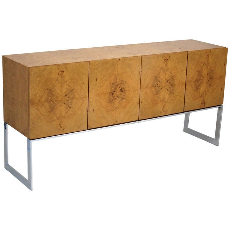 Burl Wood Credenza with Chrome Base by Milo Baughman at 1stDibs