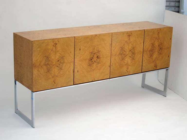 Burl Wood Credenza with Chrome Base by Milo Baughman for Thayer Coggin.
