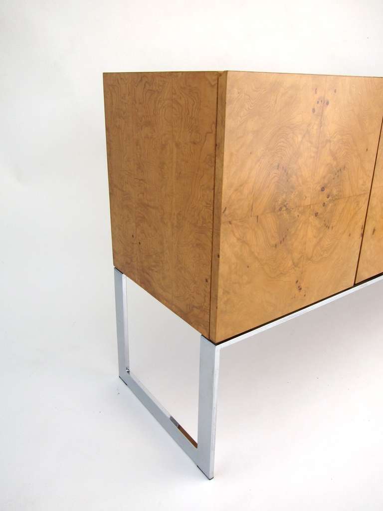 American Burl Wood Credenza with Chrome Base by Milo Baughman