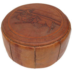 Vintage Leather Pouf with Bull and Matador Motif