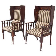 Pair of 19th Century English Mahogany and Fruitwood Inlaid Wingback Chairs
