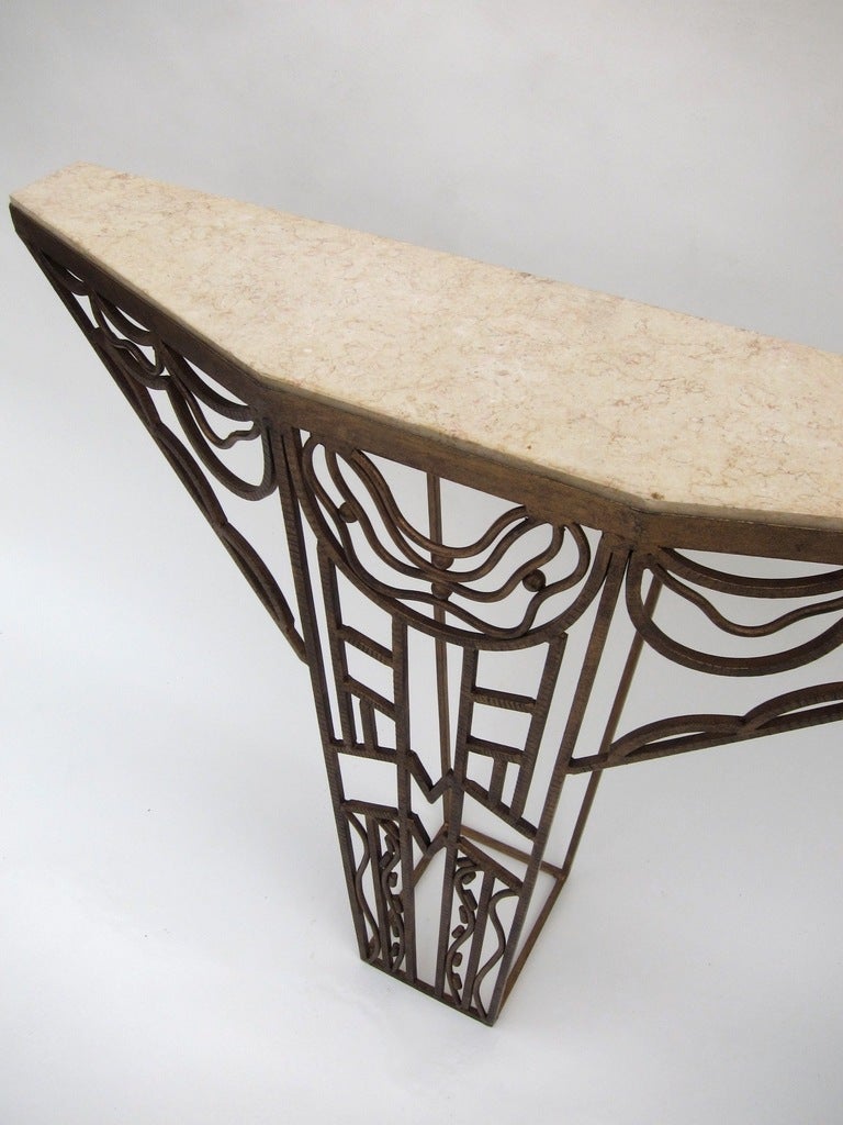 American Art Deco Hand-Wrought Iron Console Table with Marble Top For Sale