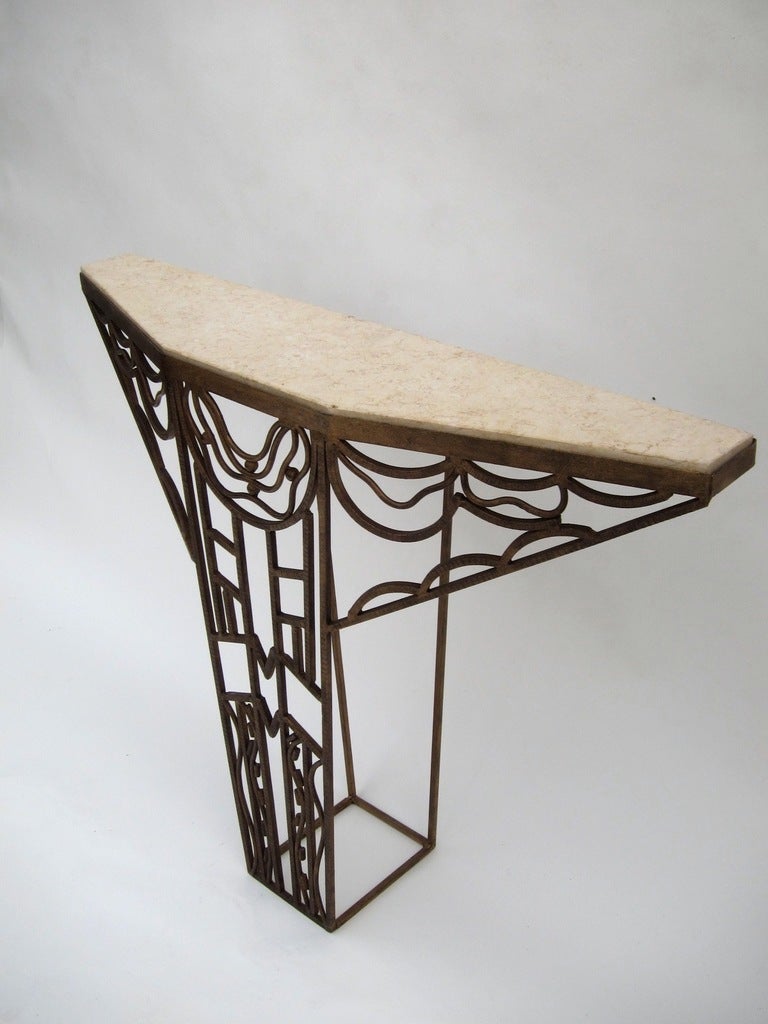 Art Deco Hand-Wrought Iron Console Table with Marble Top In Good Condition For Sale In Palos Verdes Estates, CA