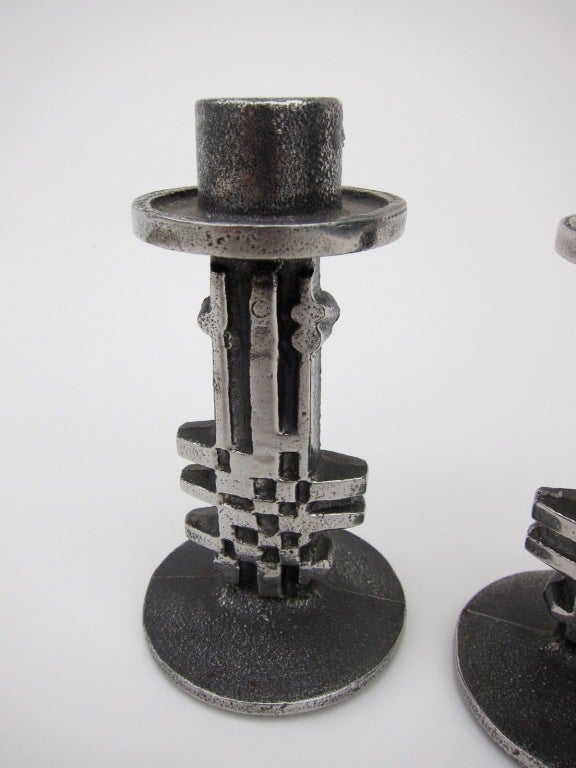 Pair of Norwegian Cast Stainless Steel Candle Holders In Good Condition In Palos Verdes Estates, CA