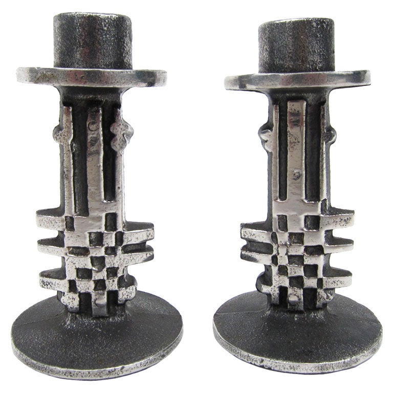 Pair of Norwegian Cast Stainless Steel Candle Holders