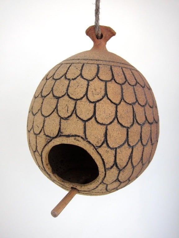 Circa 2007. Designed and handcrafted by renowned California artist Brent Bennett. This natural clay California Modern Birdhouse Feeder will delight the nature enthusiast.