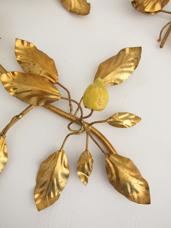 Pair of Gold Gilt Leaf and Fruit Metal Wall Sculptures at 1stDibs