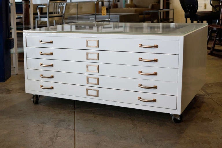 Flat File Coffee Table in High Gloss White with Brass Hardware For Sale