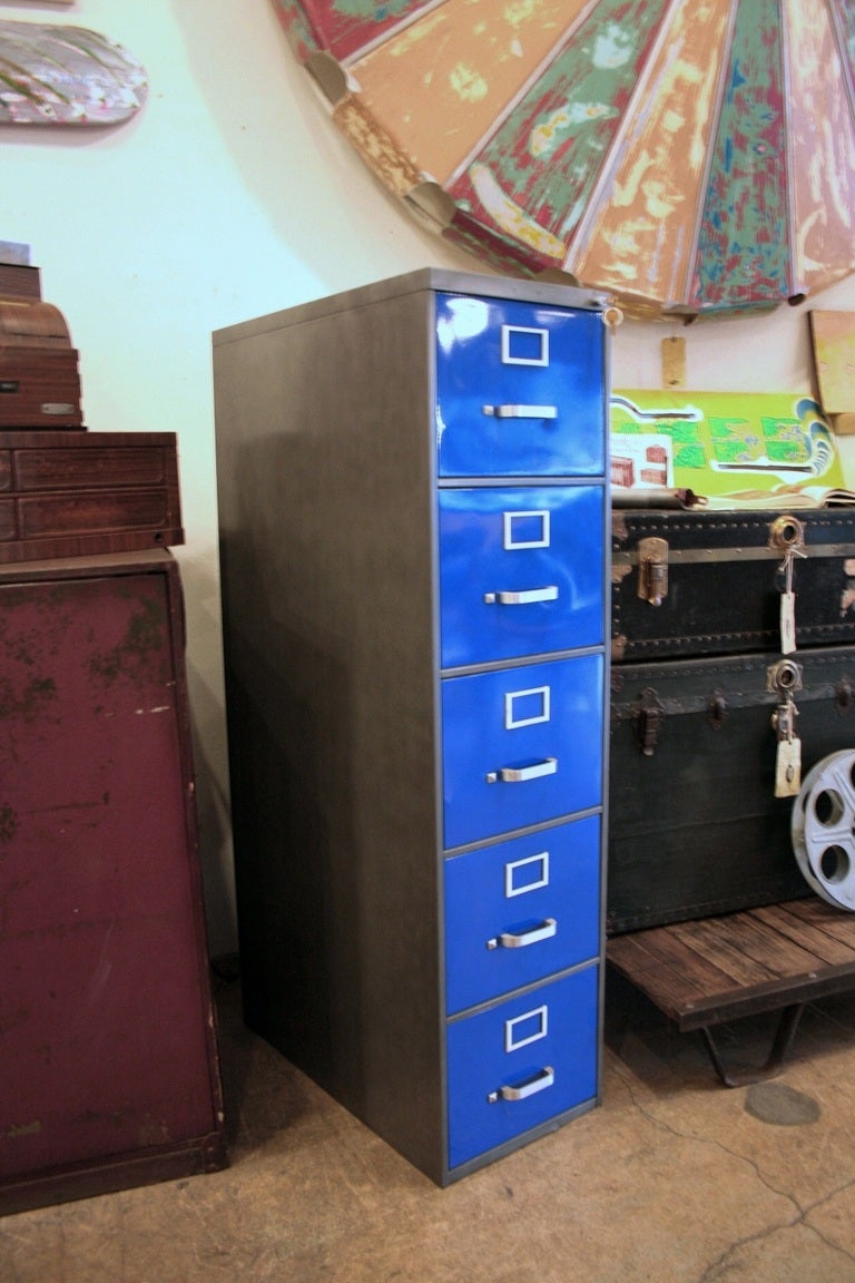 Vintage, heavy duty 5 drawer file cabinet in royal blue and natural steel.