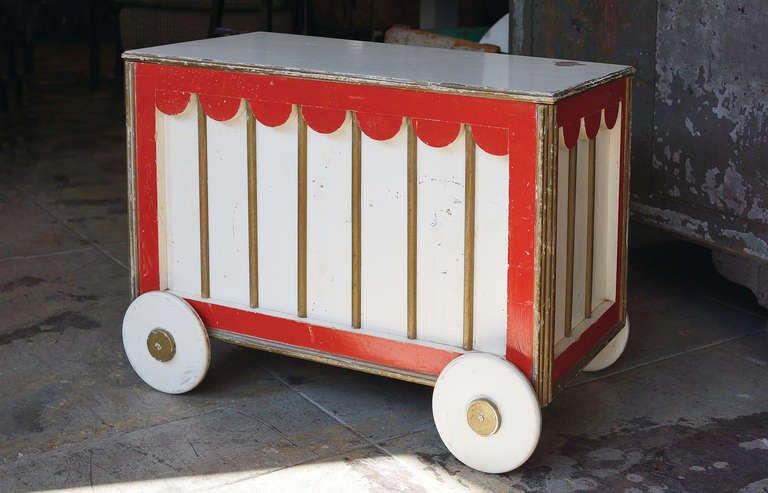 1940s circus carnival inspired child's toy chest. Beautifully hand painted. Sweet as can be, there is tons of character to this 