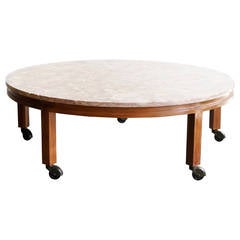 Vintage Pink Marble and Walnut Round Coffee Table