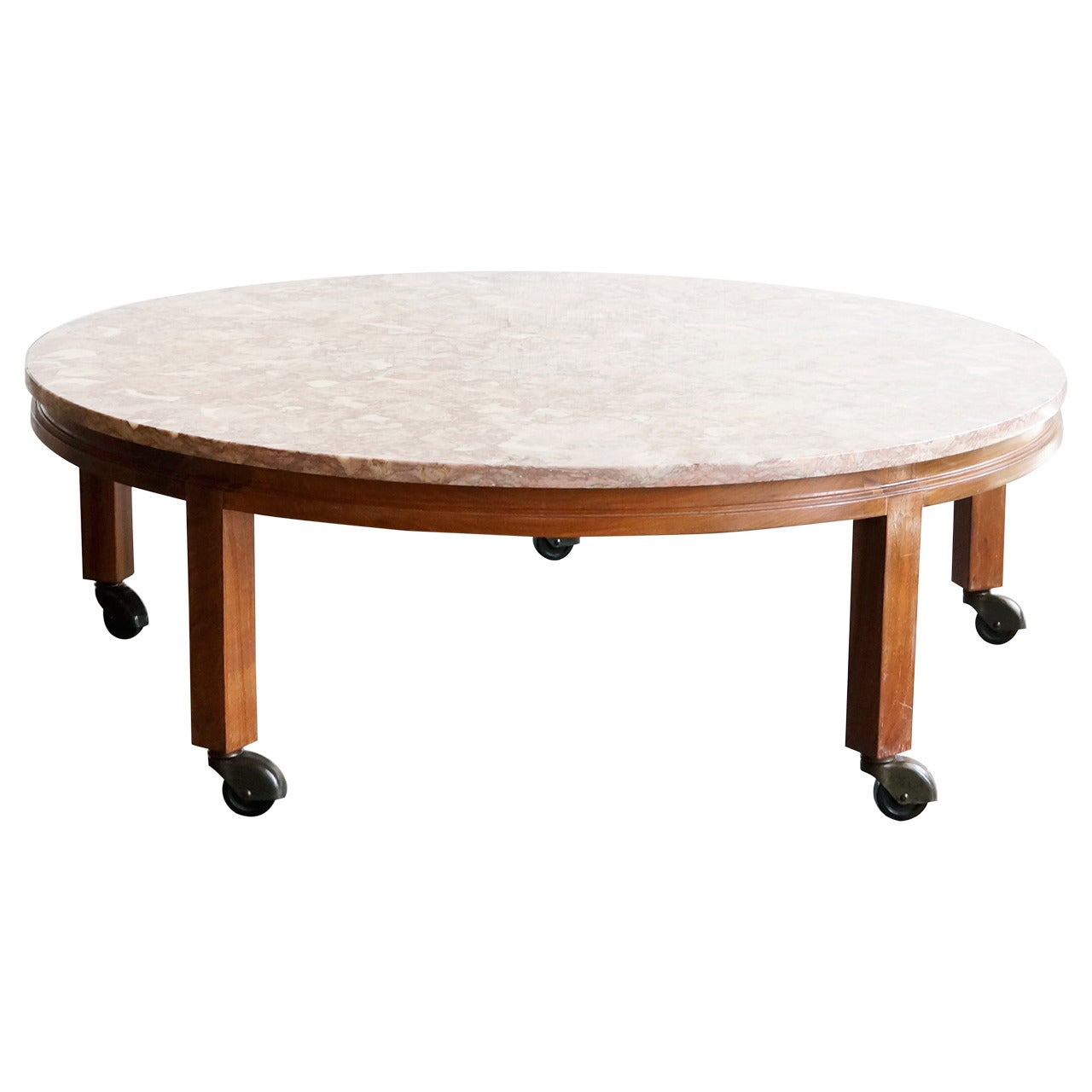 Vintage Pink Marble and Walnut Round Coffee Table