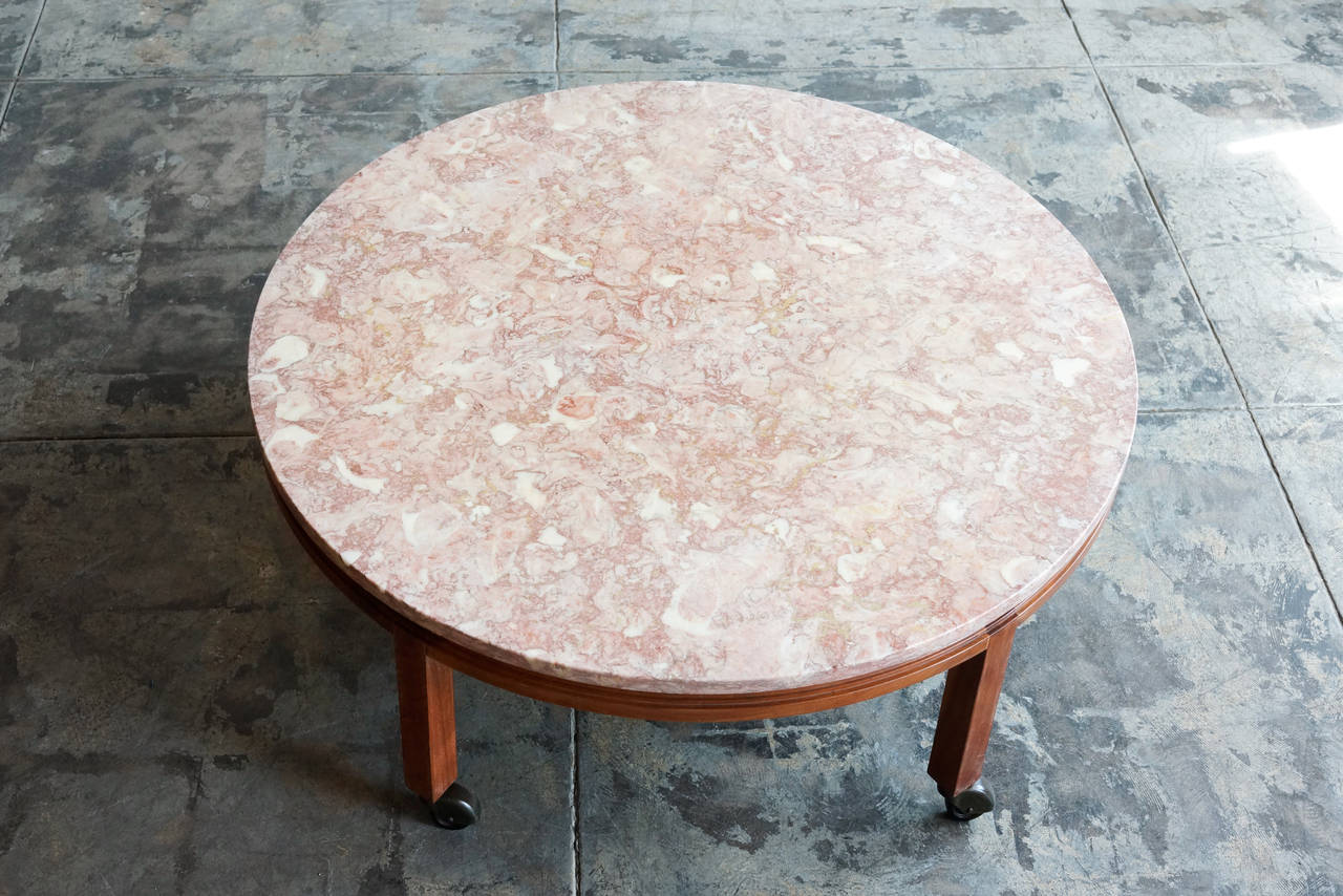 Modern Vintage Pink Marble and Walnut Round Coffee Table
