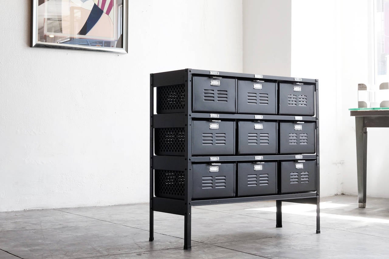 Mid-Century Modern Vintage Locker Basket Unit, Refinished in Monochrome Matte Black