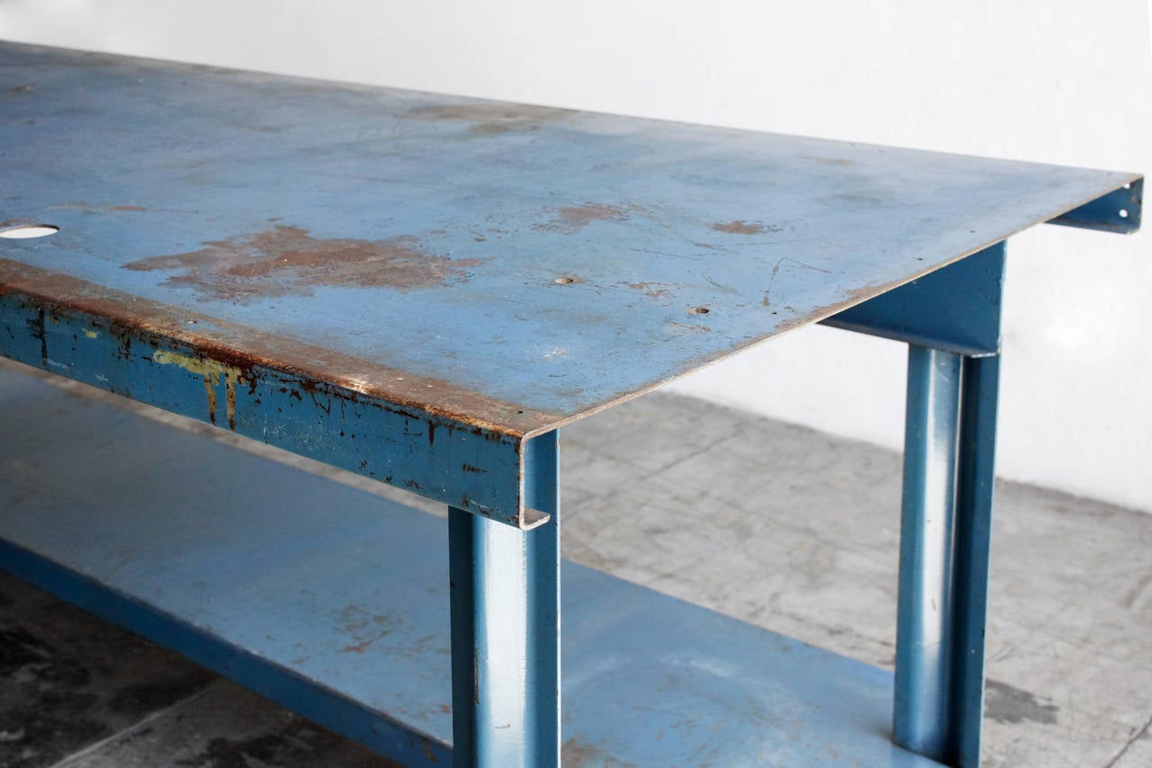 Vintage Blue Steel Industrial Workbench, circa 1950s In Distressed Condition In Alhambra, CA