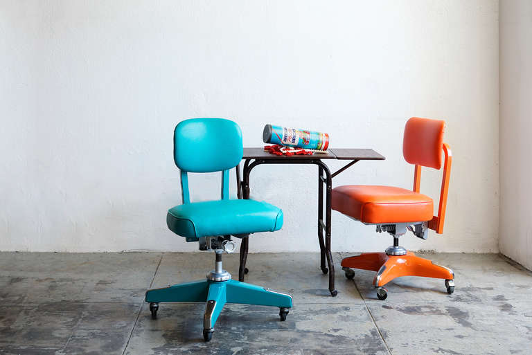 Mid-Century Modern Vintage Armless Task Chair, Refinished in Monochrome Turquoise