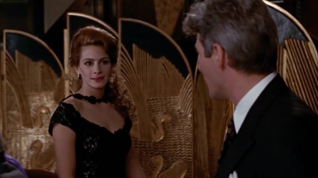 Exquisite art deco screen or room divider as seen in the film Pretty Woman. Black lacquered panels with gold-leafed heron motif. Four panel folding configuration. Designer unknown; in the style of Donald Deskey. Condition consistent with age, with