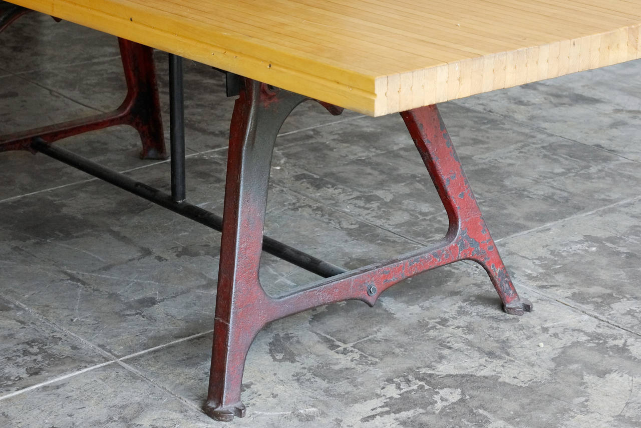 Industrial Reclaimed Dining Table of Antique Machine Bases and Maple Bowling Lane Top