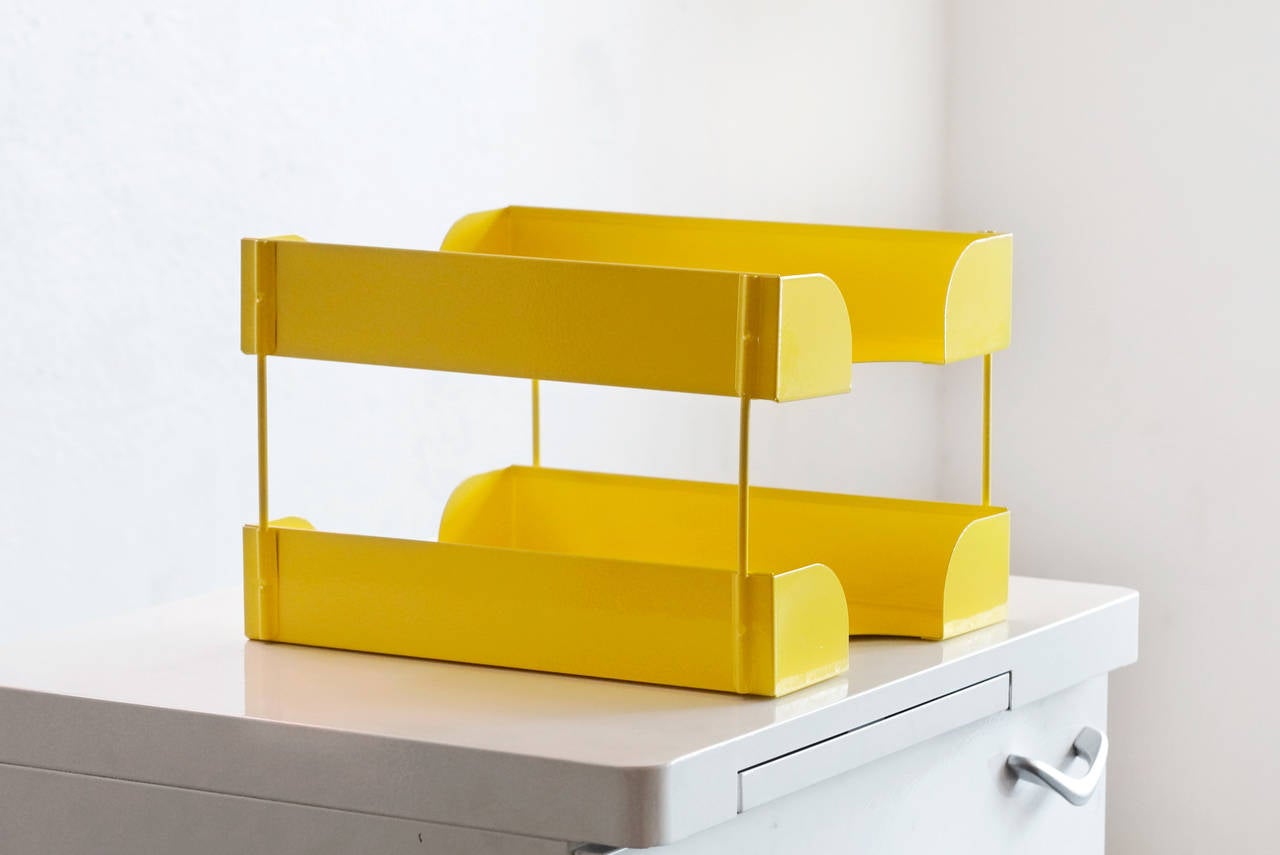 Fantastic double tier paper tray, circa 1950s refinished in a burst of bright yellow. This unique steel desktop accessory is sure to keep your retro office in tip-top shape. 

Dimensions: 12