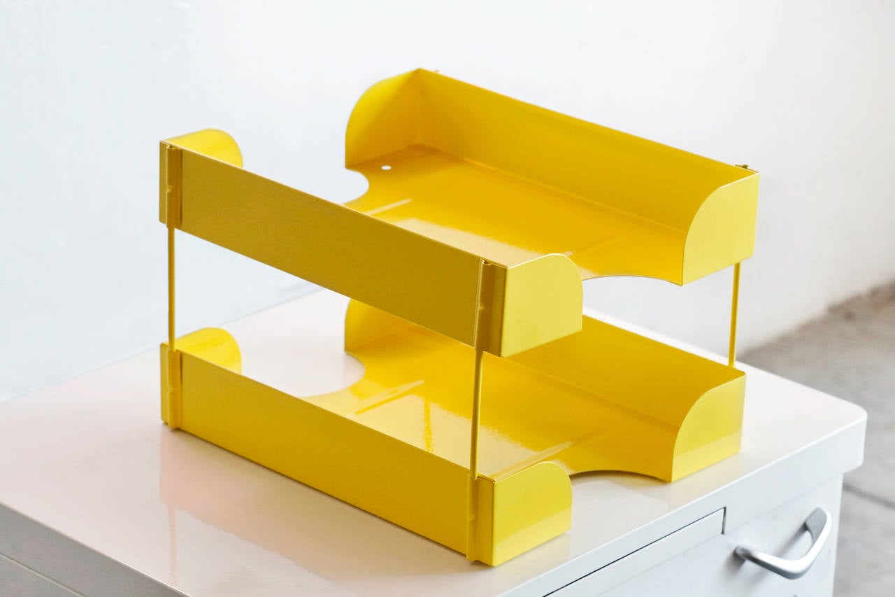 American Midcentury Double-Tier Paper Tray, Refinished in Yellow
