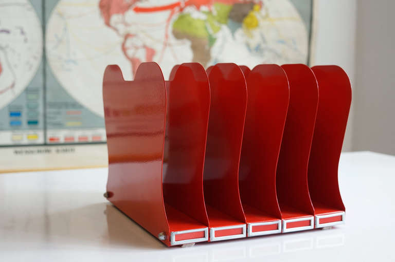 This unique 1960s steel desktop file holder is the perfect retro office accessory, sure to keep your mid century modern desk in tip-top shape. Features five paper slots. The individual label slots in brushed aluminum are a nice touch! Newly