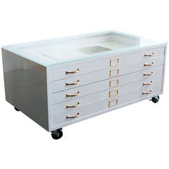 Flat File Cabinet Coffee Table in High Gloss White with Brass Hardware