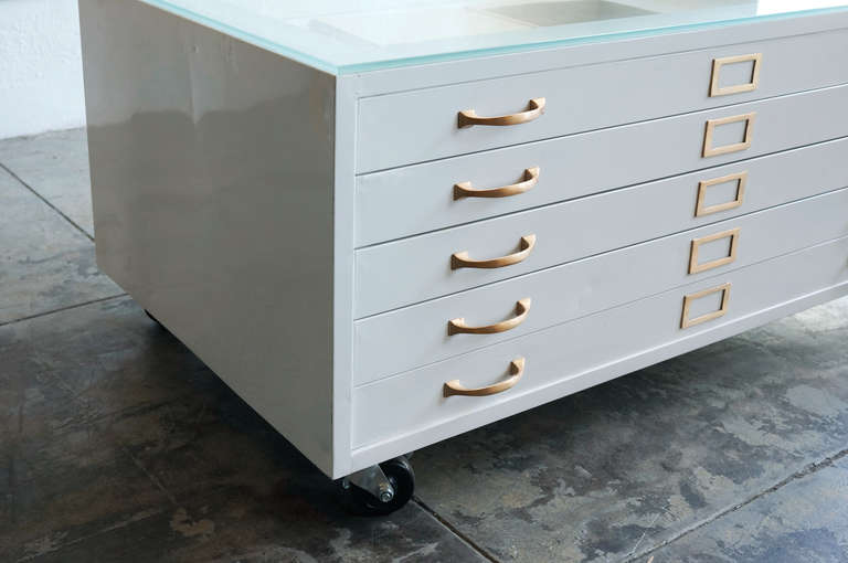 Mid-Century Modern Flat File Cabinet Coffee Table in High Gloss White with Brass Hardware