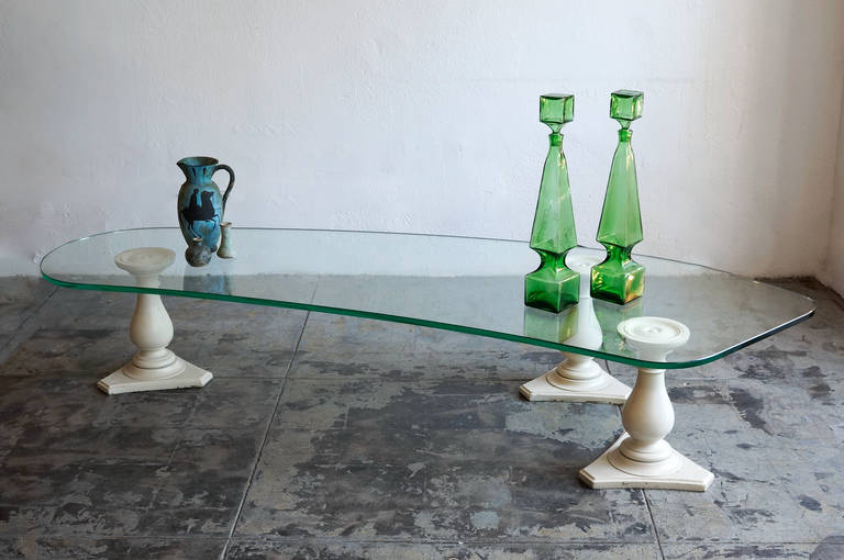 American Edith Norton Coffee Table with Kidney-Shaped Glass and Column Bases