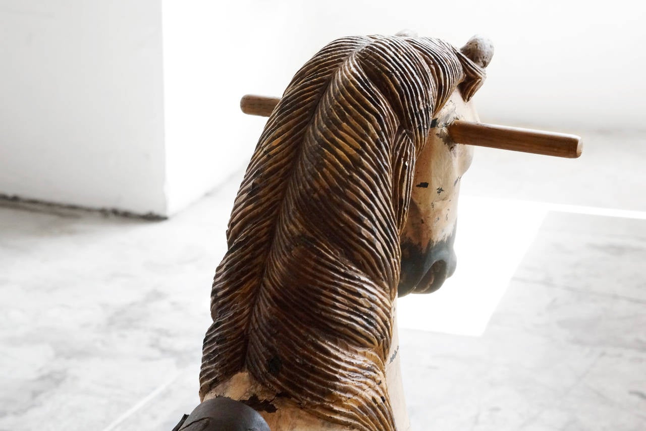 American Antique Primitive Rocking Horse on Wooden Trestle Base, Large