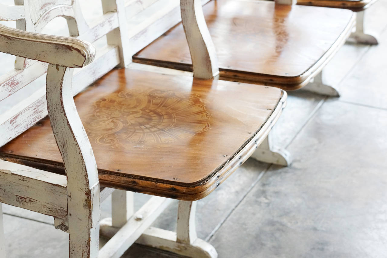 Antique Cottage-Style Row of Theater Seats with Crest Design In Distressed Condition In Alhambra, CA