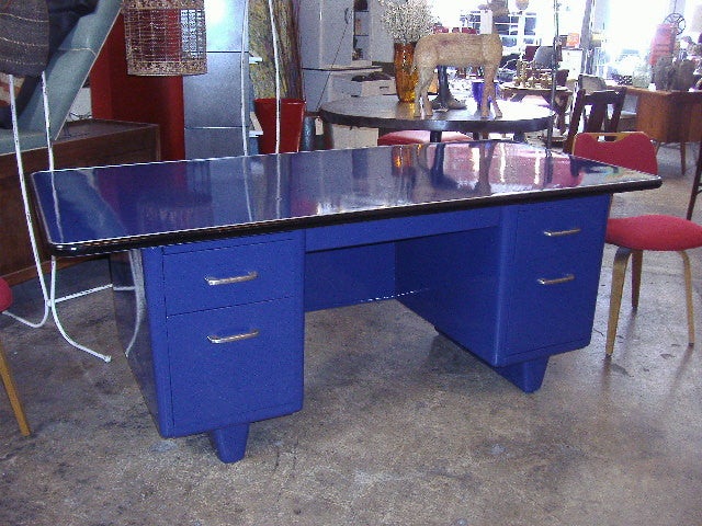 Vintage, extra large, All-Steel Bumper Top double pedestal tanker desk, with an 'oversize' top. Seen here with a beautiful blue powder coat finish and polished hardware.
