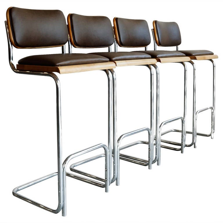 Set of Four Vintage Tubular Chrome Bar Stools, Refinished at 1stDibs