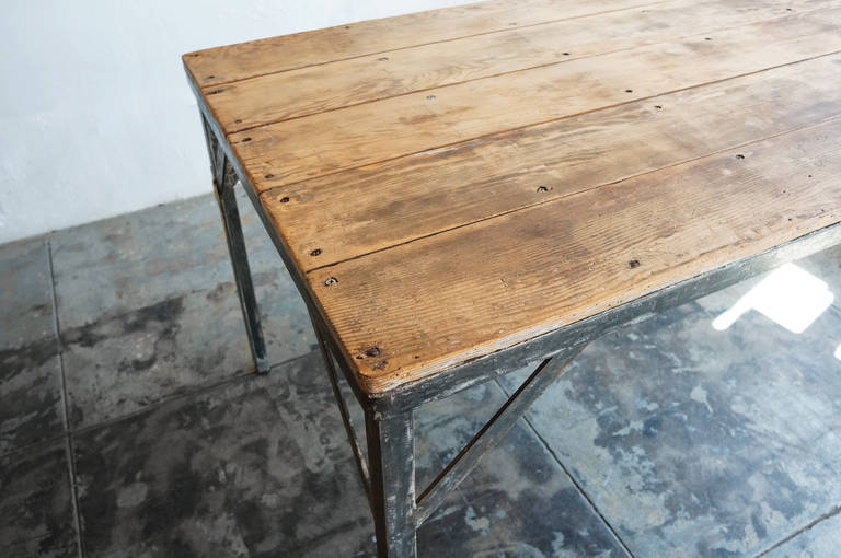 Reclaimed Wood and Steel Industrial Work Table, circa 1940s 1