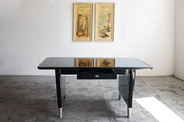 Brushed 1960s AllSteel Panel Leg Tanker Table with Bumper Top, Refinished