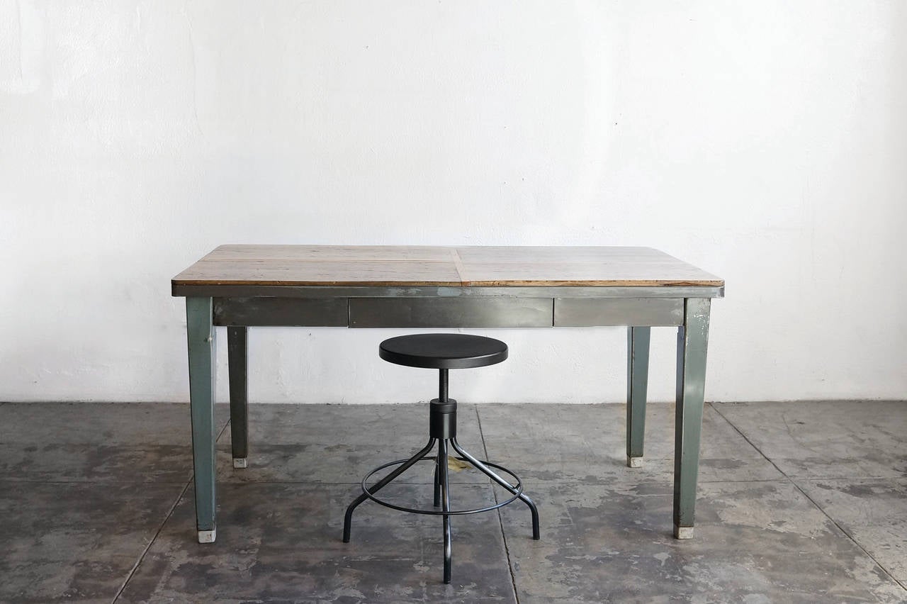 American 1940s Steel Tanker Table with Reclaimed Wood Top