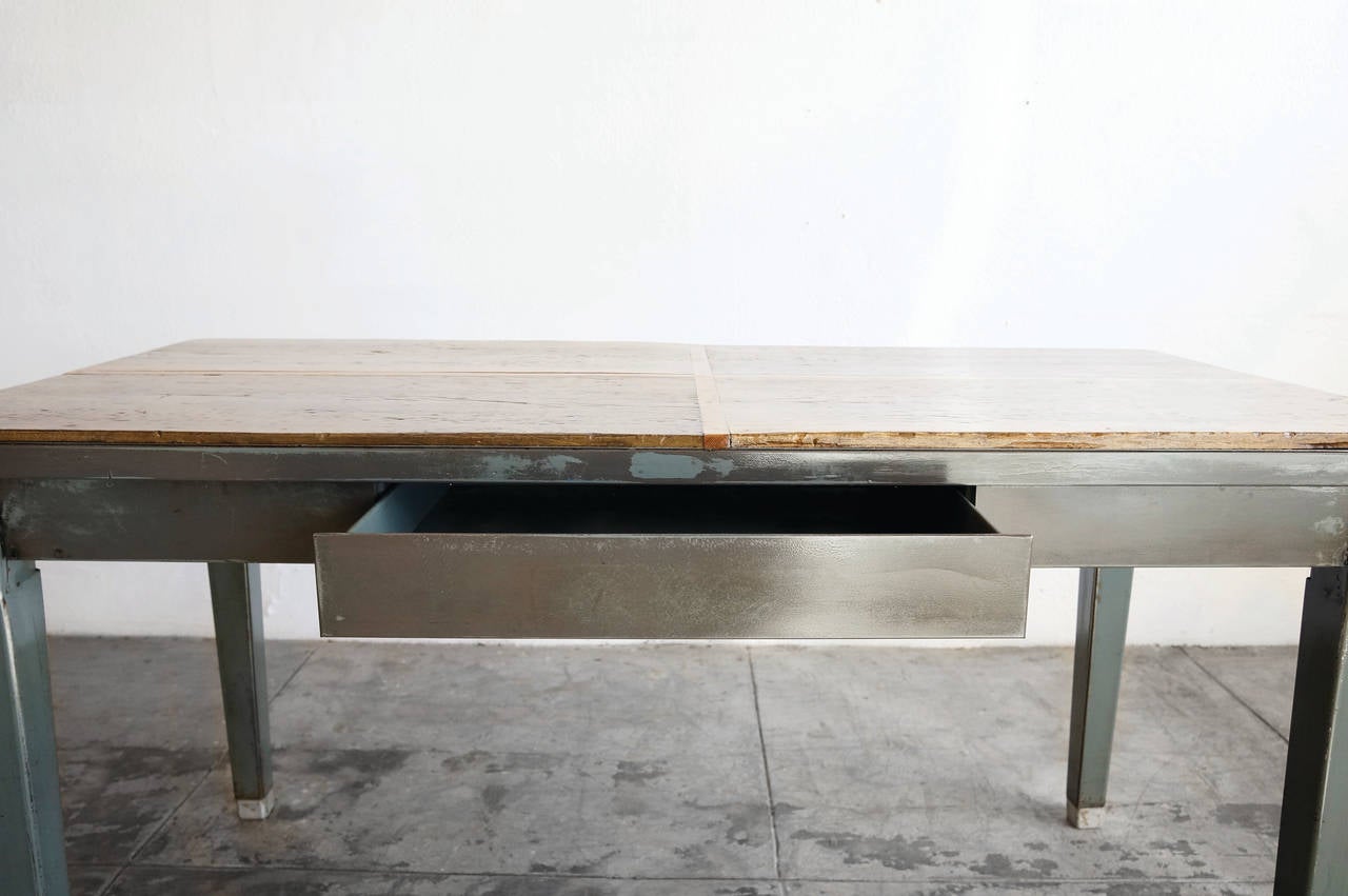 1940s Steel Tanker Table with Reclaimed Wood Top In Distressed Condition In Alhambra, CA