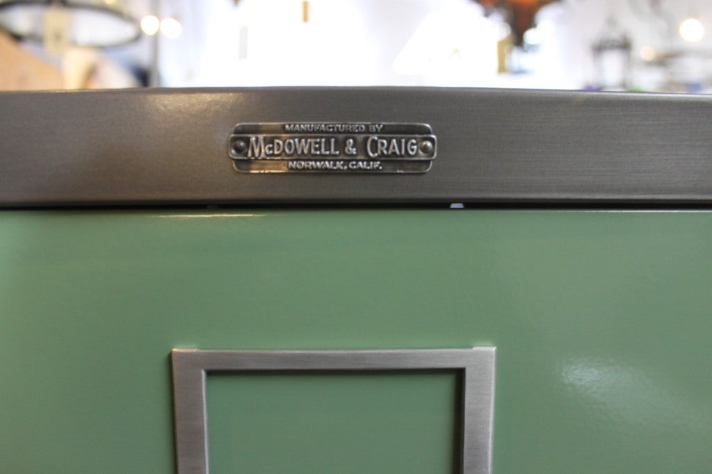 McDowell & Craig 5-drawer vertical filing cabinet. Letter sized. Refurbished with natural steel frame and sage green drawers.